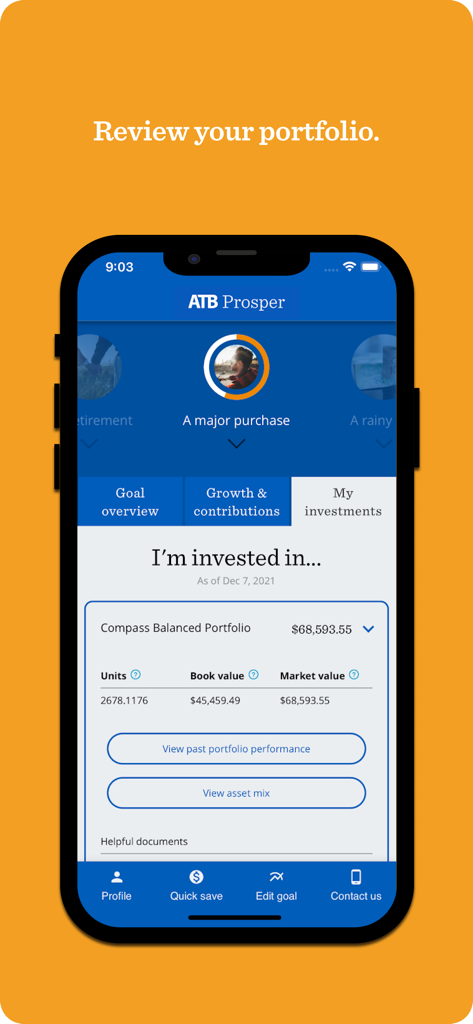 ATB Prosper Dashboard - Painel do aplicativo ATB Prosper exibindo o portfólio de investimentos de um usuário com valor de mercado e crescimento.