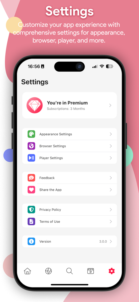 aPlayer - Video Play, Web Cast - Settings screen of the aPlayer app showing premium subscription status and customization options for appearance browser and player