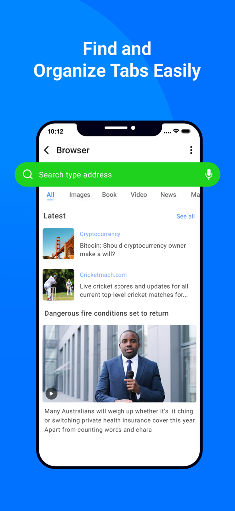 My Files - All File Manager - Schermata del browser in-app che mostra la barra di ricerca, il feed di notizie e le schede organizzate nell'app My Files