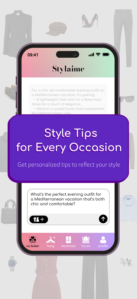 personal stylist - Stylaime - Ein mobiler Bildschirm aus der Stylaime-App, der KI-gesteuerte Styling-Tipps und personalisierte Outfit-Empfehlungen für jeden Anlass zeigt.