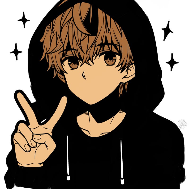 teenage manga boy in a hoodie, doing ✌