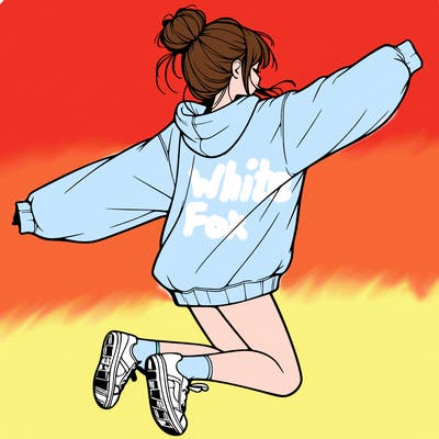 realistic girl jumping with a bun and oversized sweatshirt