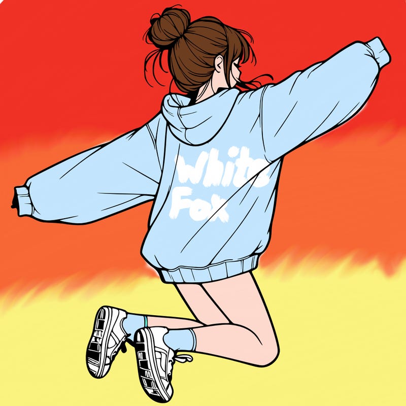 realistic girl jumping with a bun and oversized sweatshirt