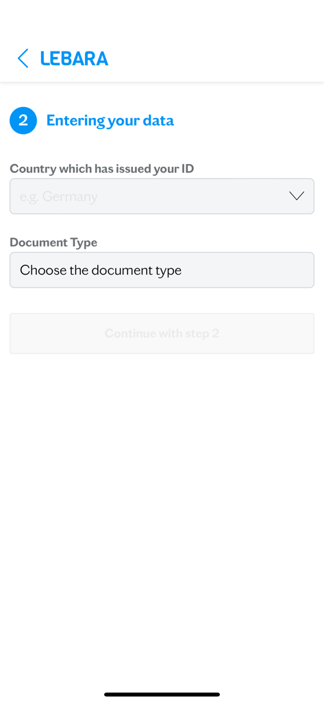 Screen from the Lebara SIM Activation app showing step 2 where users enter their ID country and document type