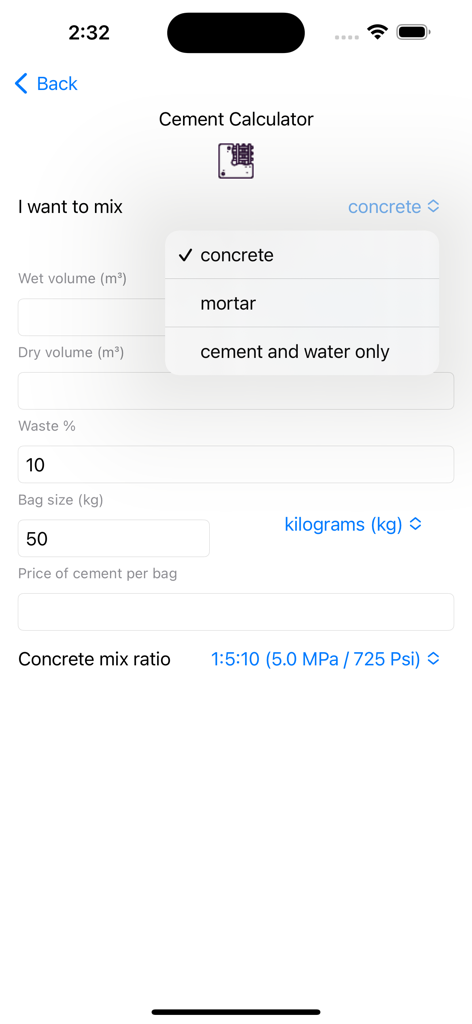 Concrete Calculator Estimator - Cement calculator interface showing mix options for concrete and mortar