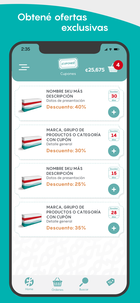 Fischel Farmacias - Mobile app screen showing a list of exclusive digital coupons and product discounts for Fischel Farmacias