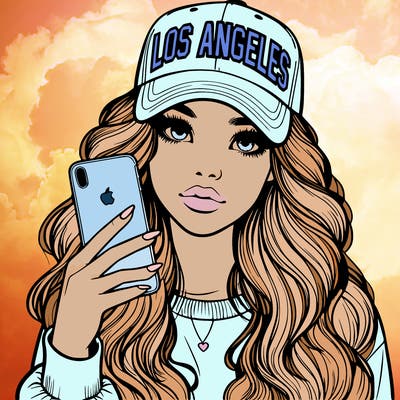 realistic beautiful girl wearing los ángeles cap holding an iphone