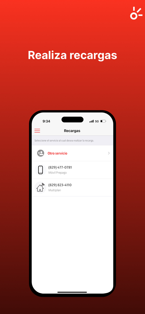 Interface of the Mi Claro app showing the screen to perform top ups for mobile and home services in the Dominican Republic