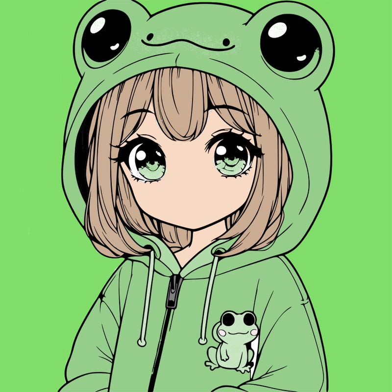 cute realistic girl in a froggy hoodie