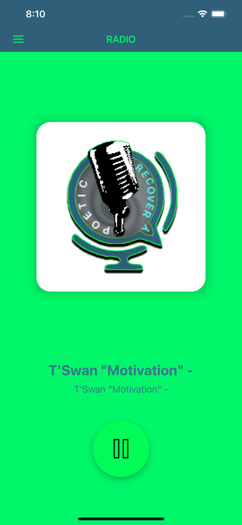 POETIC RECOVERY RADIO - Interface of the Poetic Recovery Radio music player featuring a microphone logo and a pause button on a bright green background