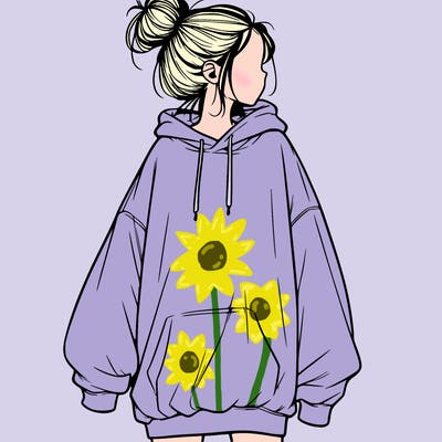 realistic girl with a oversized sweatshirt on and a bun