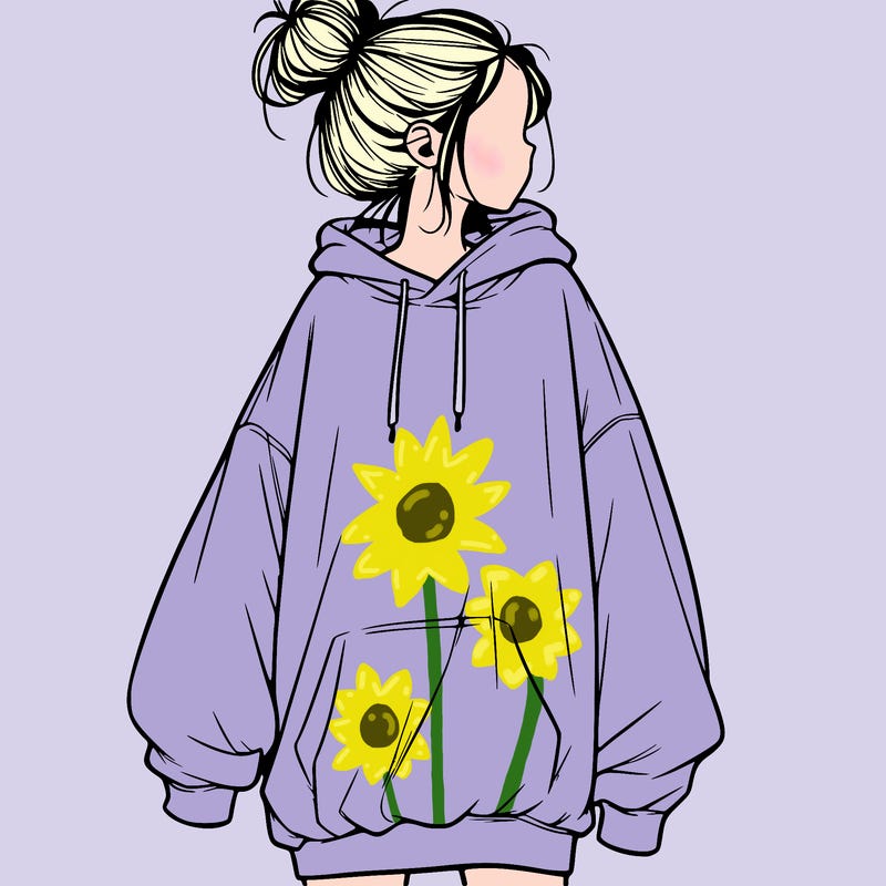 realistic girl with a oversized sweatshirt on and a bun
