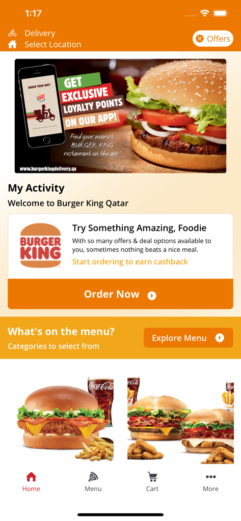 Burger King Qatar - Burger King Qatar app home screen showing exclusive loyalty points offer and menu options