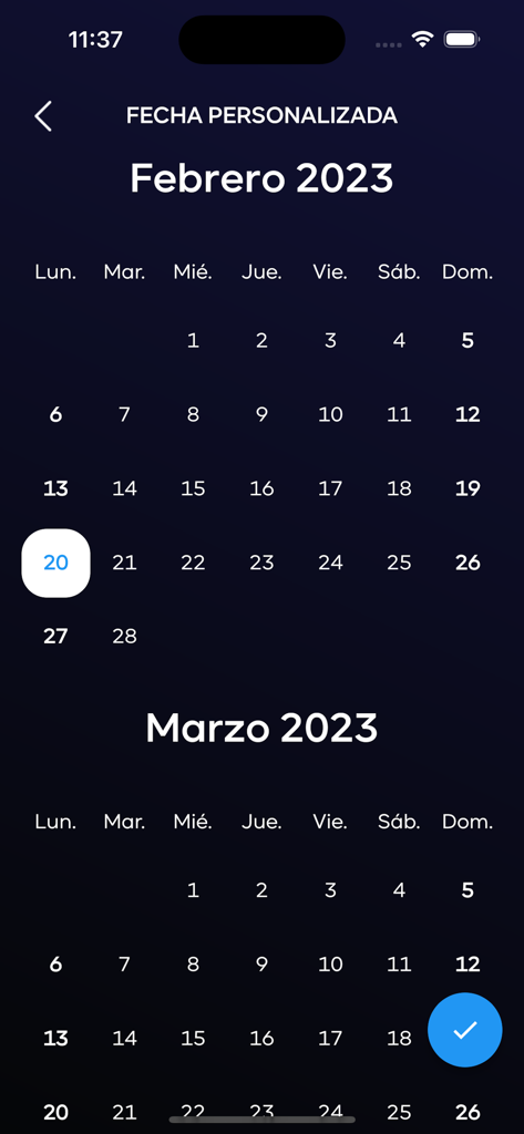 GURU App - Interface of the GURU App showing a custom date picker calendar for February and March 2023