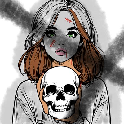 realistic girl holding a skull