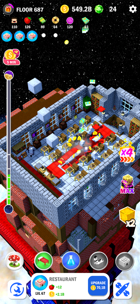 Tower Craft 3D - Idle Building - Un piso de restaurante 3D en un rascacielos de bloques sobre un fondo espacial estrellado en Tower Craft 3D