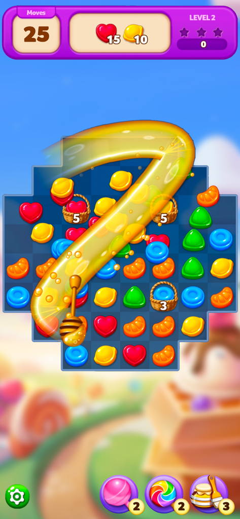 Lollipop : Link & Match - Colorful candy puzzle board in Lollipop Link and Match showing a honey booster effect