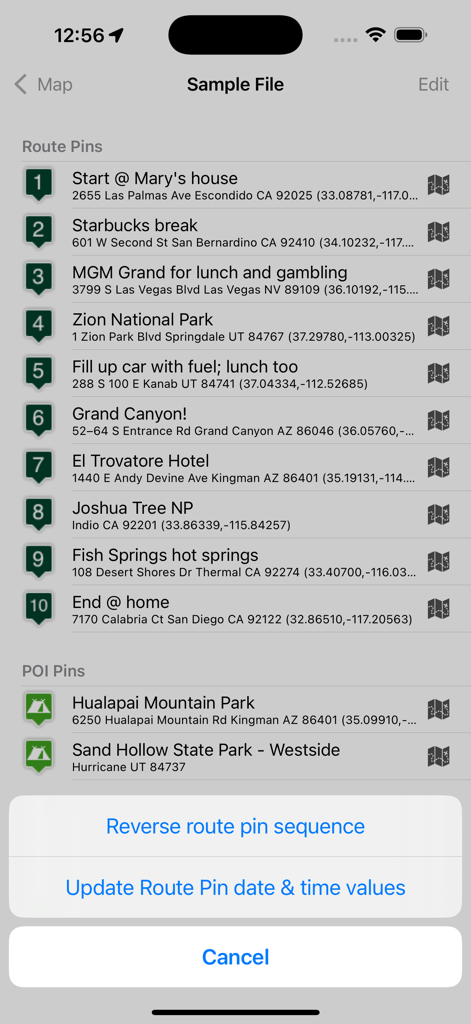 Road Trip Planner™ - Road Trip Planner app displaying a sequenced itinerary with route pins and points of interest