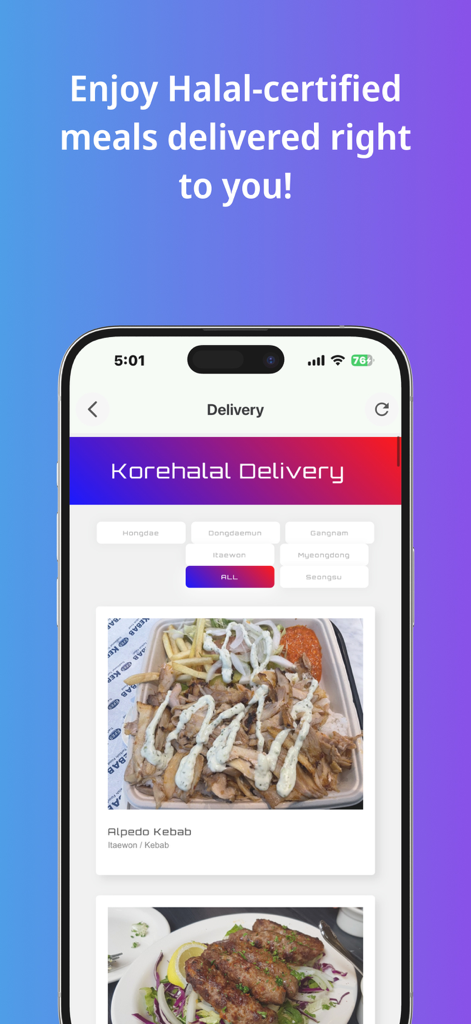 Korehalal Trip : Muslim Travel - Korehalal Trip app interface for ordering halal food delivery in South Korea