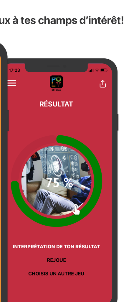 GO-Génie - GO Genie mobile app result screen showing a seventy five percent match for an engineering specialty with a circular progress bar