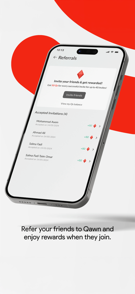 Qawnアプリの紹介画面に、友人招待で獲得した報酬が表示されています