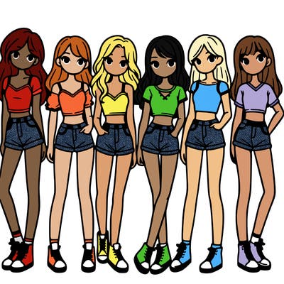 a group of girls wearing crop tops and shorts