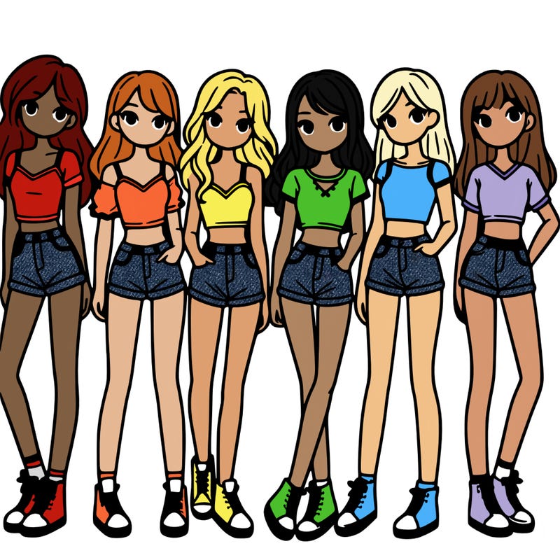 a group of girls wearing crop tops and shorts