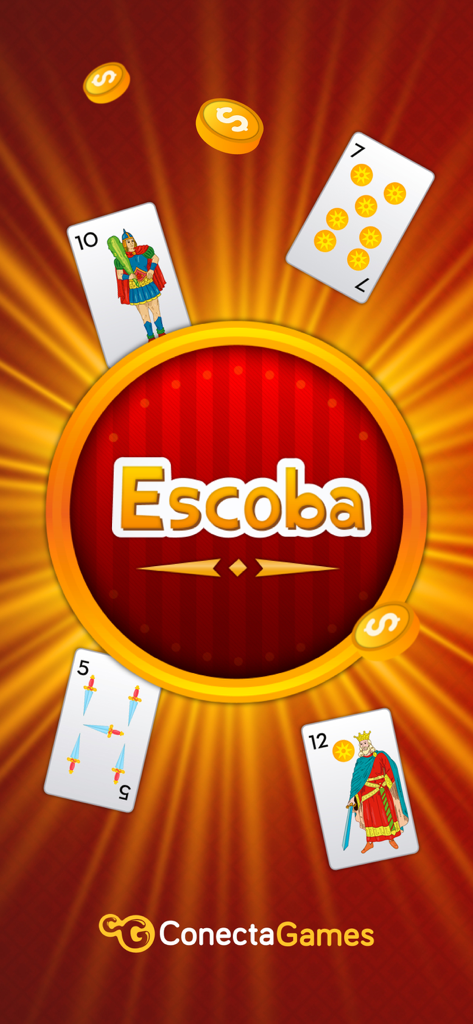 Escoba de 15 by ConectaGames - Logo de Escoba de 15 rodeado de naipes españoles tradicionales y monedas de oro sobre un fondo naranja brillante.