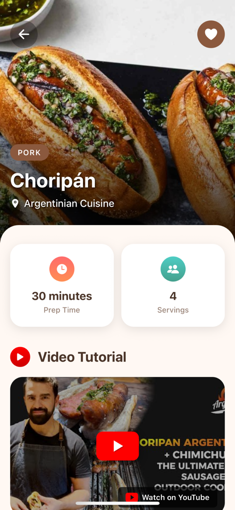Recipe Finder: Easy Cooking - 조리 시간, 서빙 수, 동영상 튜토리얼이 포함된 초리판 레시피를 표시하는 레시피 파인더 앱 화면.