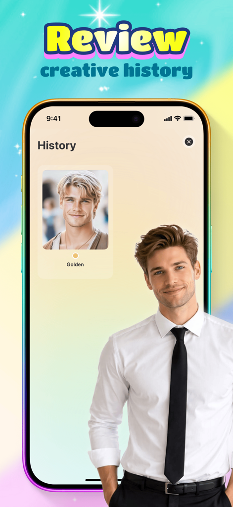 Mosa - Change & Share - A screenshot of the Mosa app showing the history of AI hair color transformations including a golden blonde look.