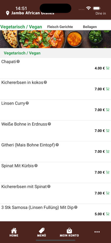 Jambo African Dishes - A mobile app interface for Jambo African Dishes displaying a list of vegetarian and vegan menu items with prices and add to cart buttons.