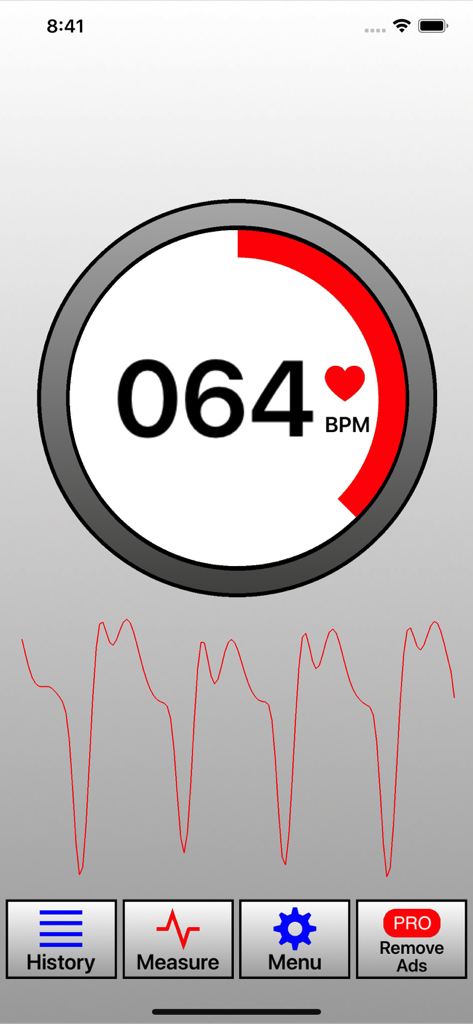 Heart Rate Monitor: HR App - Application de moniteur de fréquence cardiaque affichant une mesure de 64 BPM et un graphique de pouls en temps réel