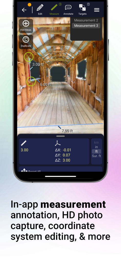 Dot3D - LiDAR 3D Scanning - Interface do aplicativo Dot3D mostrando um escaneamento LiDAR 3D de um interior de madeira com anotações de medição