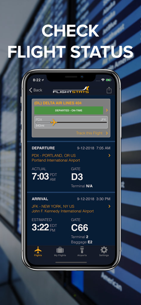 FlightStats app interface displaying real-time status and gate information for a Delta flight.