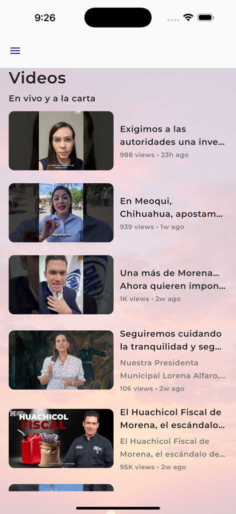 Partido Accion Nacional - Un écran affichant une liste de vidéos politiques et de mises à jour d'actualités dans l'application Partido Accion Nacional