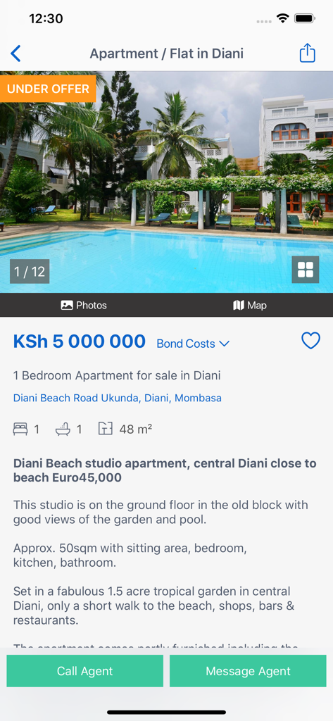 Property24 Kenya - Property24 Kenya app screenshot showing a one bedroom apartment listing in Diani with pool view and price details