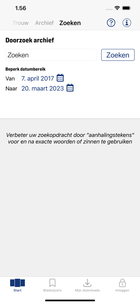 Archive search interface in the Trouw digital newspaper app with date range selection