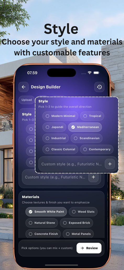 Exterior Ai : Home Landscape - Exterior Ai mobile app interface for selecting home architectural styles and materials