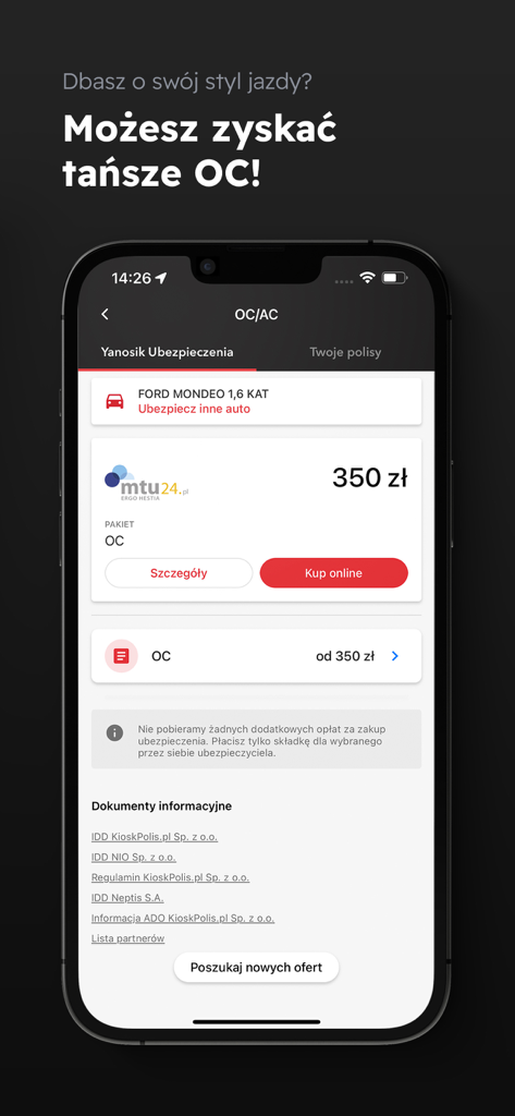 Yanosik app screen displaying car insurance quotes and purchase options