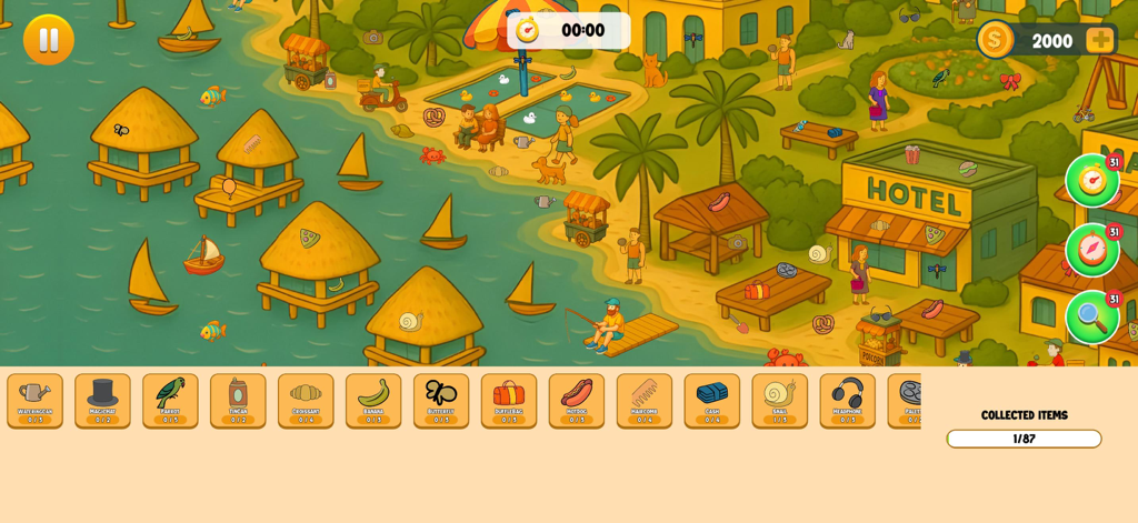 Gameplay screen of a hidden object scavenger hunt game featuring a colorful cartoon beach scene with various items to find