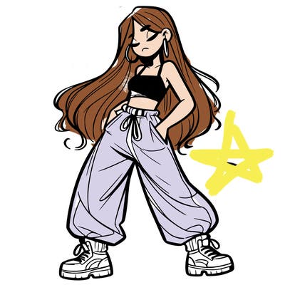 girl in baggy pants crop top and long hair