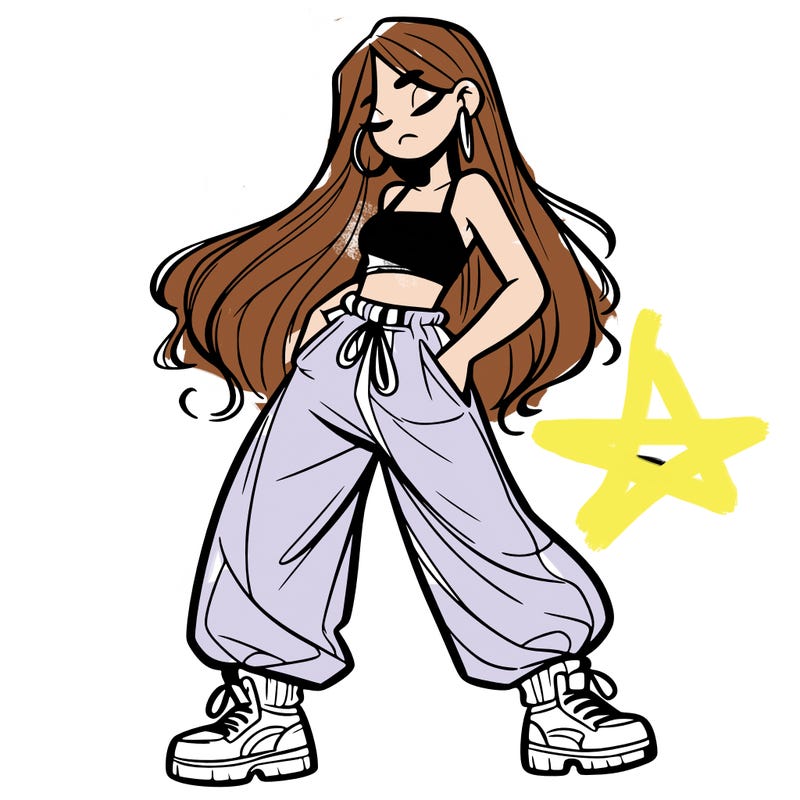 girl in baggy pants crop top and long hair