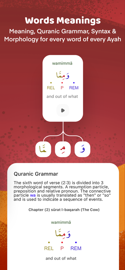 Quran Majeed - القرآن مجيد - Quran Majeed app interface displaying word meanings and morphological analysis of a verse.