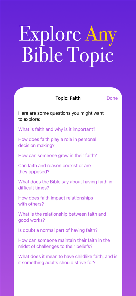 Bible Ace: AI Bible Study - Una lista de preguntas sugeridas por IA para la exploración de temas bíblicos en la aplicación Bible Ace.