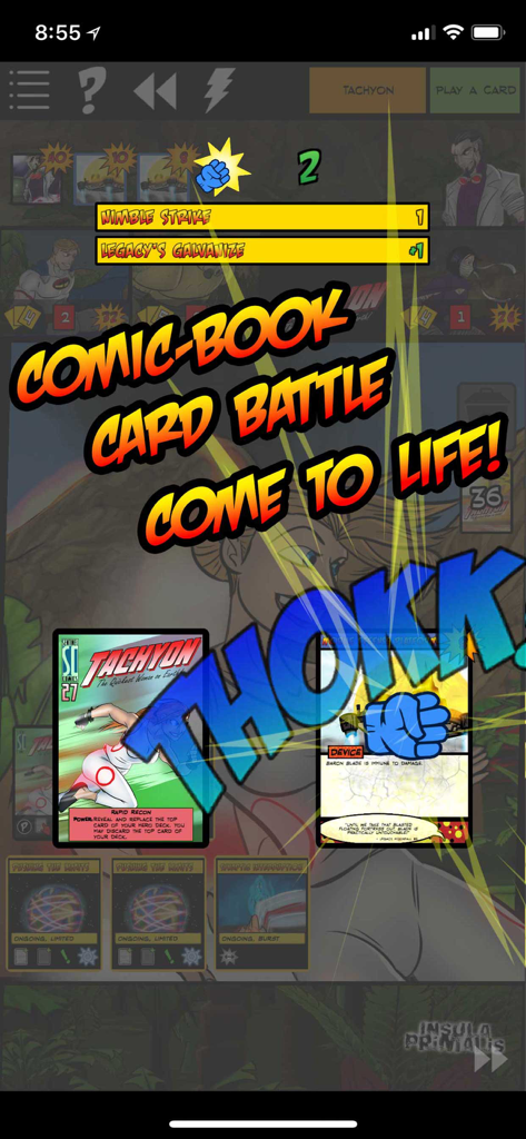 Jogabilidade de Sentinels of the Multiverse apresentando uma batalha de cartas em estilo de história em quadrinhos com efeitos sonoros de ação