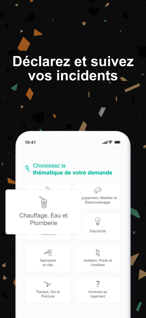 Écran de l'application mobile Manda pour signaler les problèmes de maintenance du logement et suivre les incidents.