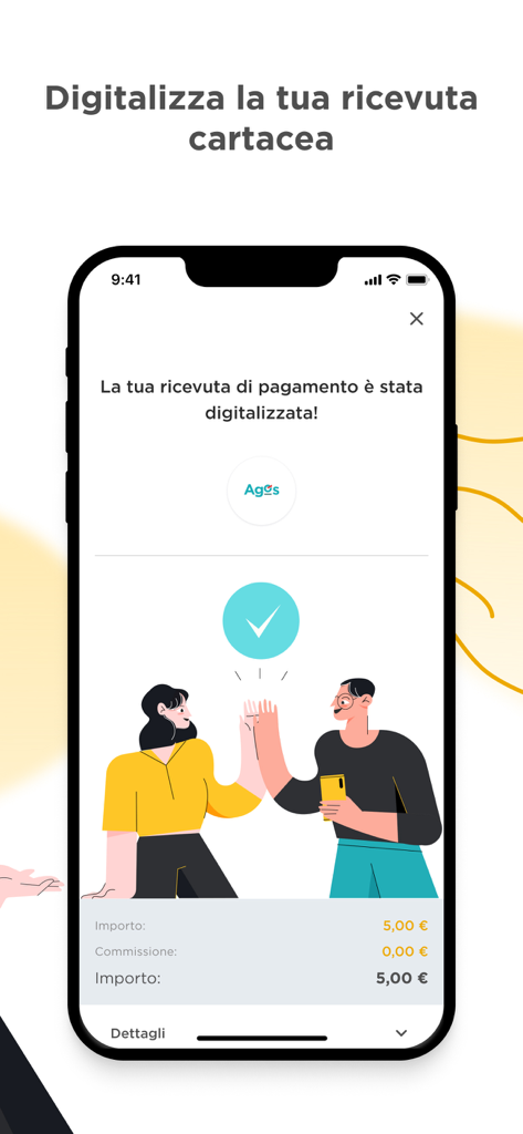 Pantalla de éxito de la app Mooney que confirma la digitalización de un recibo de pago en papel con una ilustración de dos personas chocando las manos.