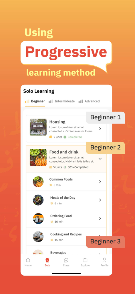 Teach Me Arabic - The Teach Me Arabic app interface displaying a progressive learning path for beginner level students.