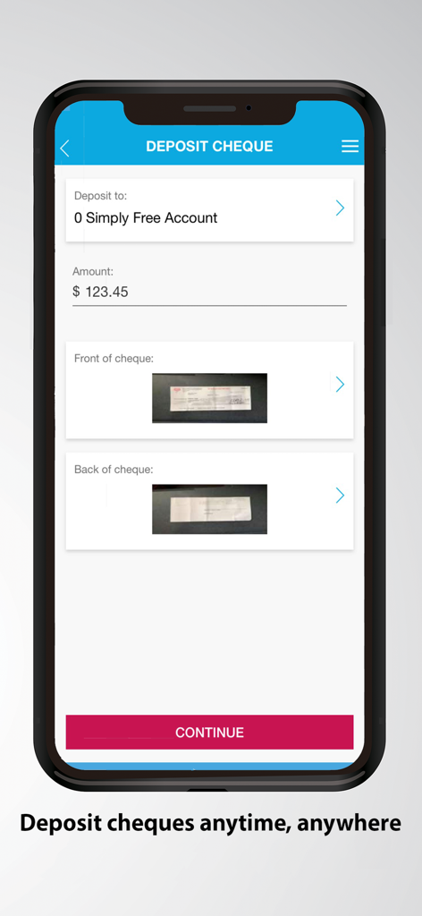 Envision Financial - Envision Financial app interface for mobile cheque deposit with amount entry and photo capture sections