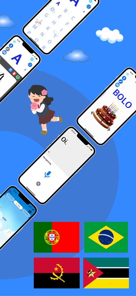 Interface do aplicativo Emme Português mostrando lições de aprendizado visual, prática de escrita e bandeiras de países de língua portuguesa
